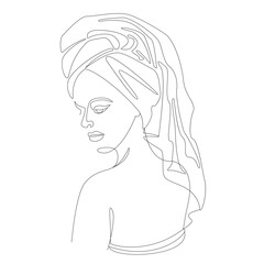Silhouettes of a girl's head in a turban, a scarf, a towel. Woman face in modern one line style. Solid line, aesthetic outline for decor, posters, stickers, logo. Vector illustration
