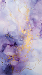Abstract fractal marble pattern, in the style of pale violet and gold, marbleized, expressionistic madness, iridescence / opalescence, mixed media printing.
