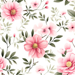Seamless pattern Pink flowers and leaves swirling on a white background ,water color
