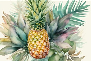 Obraz premium tropical pineapple in watercolor style, perfect for summer decor and textiles. Generative AI