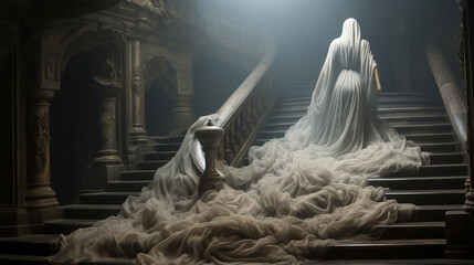 beautiful woman in white dress in the dark room