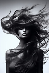 Beautiful black & white female model with chaotic flipping hair, elegant and sensual.