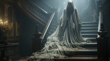 beautiful woman in white dress in the dark room - obrazy, fototapety, plakaty