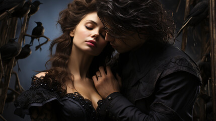 couple in black clothes with red rose and gothic elements