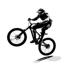 Black silhouette of a young BMX athlete performing tricks and jumps with a helmet and protective gear