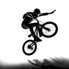 Obraz na płótnie Canvas Black silhouette of a young BMX athlete performing tricks and jumps with a helmet and protective gear