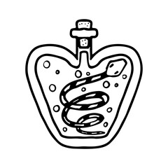Magic potion with snake. Hand drawn doodle style. Vector illustration isolated on white. Coloring page.