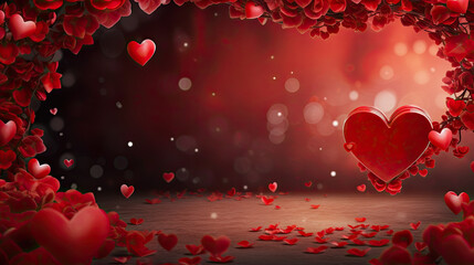 Valentines day background with red hearts and bokeh lights