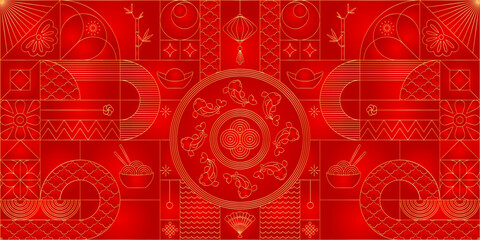Gold red modern geometric traditional chinese banner. Flat vector
