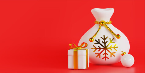 render of a Christmas white bag with a snowflake, a gift with a gold ribbon and a white Christmas tree toy on a red background. Vector illustration on isolated background.