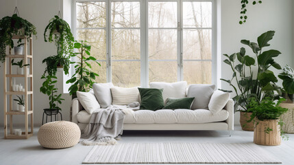 Interior of modern living room with sofa and plants.