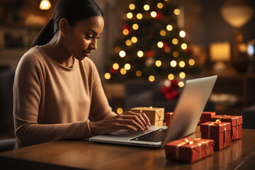 Christmas sales. Promotions, discounts.Dark skinned beautiful woman shopping, make orders, planning holiday by laptop and buying gifts. Boxes with gifts.Xmas holiday. Black Friday, Cyber Monday.