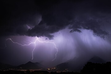 Landscape view of a thunderstorm with lightning bolts over a mountain range