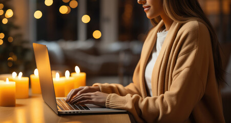 Christmas sales. Promotions, discounts. Beautiful young woman shopping, make orders, planning holiday by laptop and buying gifts. Xmas holiday. Black Friday, Cyber Monday. Merry Christmas.