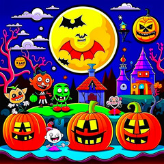 Happy Halloween holiday concept. Halloween background with moon, bats and mystical house at night. Halloween jack-o-lantern. - 663952628