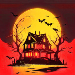 Happy Halloween holiday concept. Halloween background with moon, bats and mystical house at night - 663952650