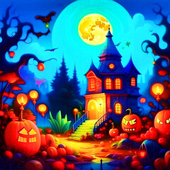 Halloween background with moon, bats and house at night. Scary halloween pumpkin in front of house - 663952676