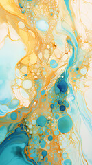 Abstract fractal marble pattern, in the style of pale blue and gold, marbleized, expressionistic madness, iridescence / opalescence, mixed media printing.