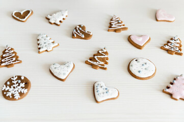 beautiful christmas cookies in different shapes. traditional food. Christmas cookies on table background top view