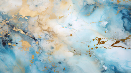 Abstract fractal marble pattern, in the style of pale blue and gold, marbleized, expressionistic madness, iridescence / opalescence, mixed media printing.