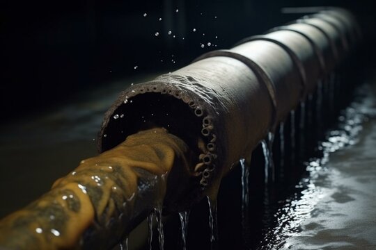 Slow-motion view of water cleaning process in pipe tube for waste sewers and organic pits using anti-limescale and degreasing products. Generative AI