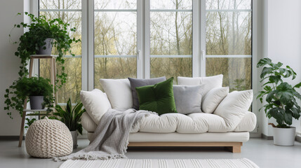 Interior of modern living room with sofa and plants.