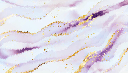 Liquid marble painting background texture design with gold waves and glitter splatter.