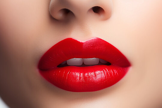 close up shot of a woman's lips wearing red bright lipstick