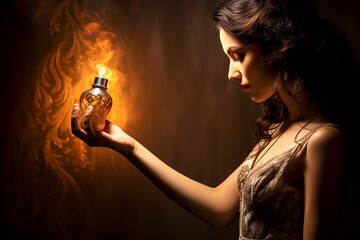 a woman wearing elegant dress holding a bottle of perfume