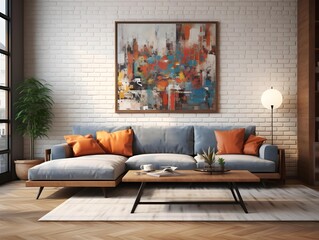 Modern living room decorated with sofa,frame and lamp. Minimal and cozy concept