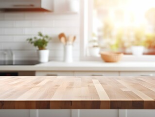 Empty wood top table in kitchen with blurred clean and bright background