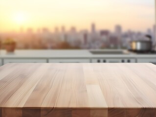 Kitchen room with empty wood top table and beautiful outside view through window