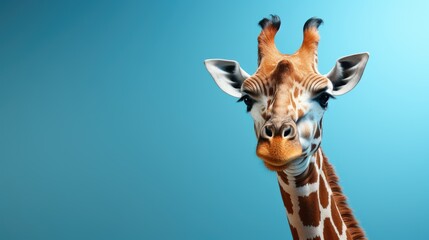Close-up portrait of giraffe head. Cute giraffe on blue background with copyspace. Funny animal looking at camera.