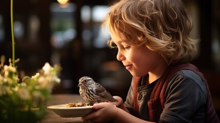 A little Male Child Feeding a Tiny Bir in a Huge Garden. Autumnal Season is coming, Animal Lover. Little Children Taking Care of his Bird.