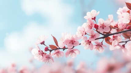 Obraz premium sakura flowers on blurred sky background large copyspace