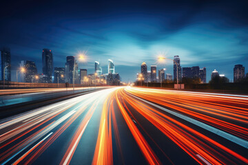 Long exposure high speed traffic light trails over a highway, Motorway and Junction in big city. High speed motion blur, light trails on motorway highway at night.