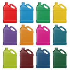 3D illustration. Colored jerry can plastic isolated on white background.
