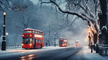 Obraz premium London street with red bus in rainy day sketch illustration