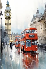 Poster London street with red bus in rainy day sketch illustration © olegganko