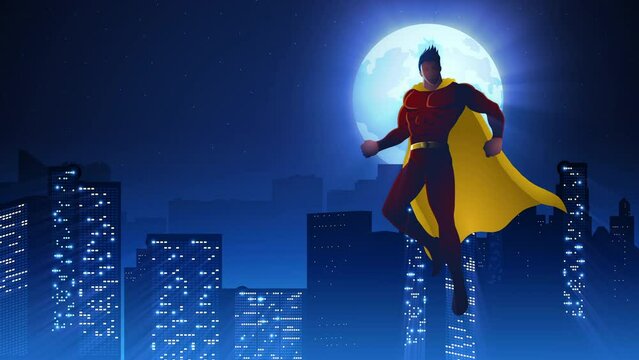 Superhero flying on beautiful cityscape during full moon, motion graphics