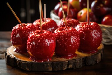 Delicious Glazed Red Toffee Candy Apples on Sticks