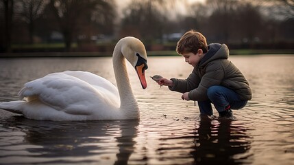 A little Male Child Feeding a Tiny Swan in a Lake. Autumnal Season is coming, Animal Lover. Little Children Taking Care of his Bird.
