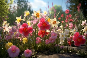 Spring flowers in the field. Spring flowers close-up view. Crocus, Primrose, Petunia, Daffodils in bloom.