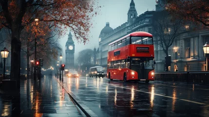 Foto op Plexiglas Londen rode bus London street with red bus in rainy day sketch illustration