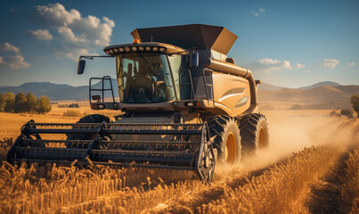 Fototapeta premium Combine harvester harvesting golden ripe wheat in field. Agriculture concept. Seasonal work of farming machine. Big modern industrial combine harvester reaping wheat grains.