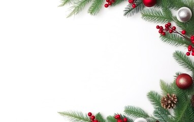 Happy Merry Christmas poster. Decorated wreath on a white background, copy space at the left. AI Generative