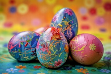 Fototapeta na wymiar Decorative paper eggs with a joyful Easter message on a colorful abstract background, perfect for holiday greetings during spring. Generative AI