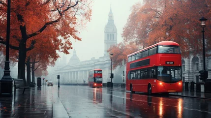 Plexiglas foto achterwand London street with red bus in rainy day sketch illustration © olegganko