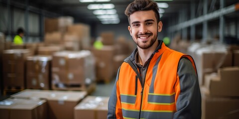 man orange vest standing warehouse boxes gen brown white green colors young face wears blue shirt shipping docks human figures smiling city socialist - obrazy, fototapety, plakaty
