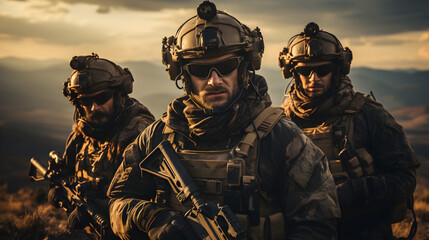 Squad of Three Fully Equipped and Armed Soldiers Standing on Hill in Desert Environment in Sunset Light - Powered by Adobe